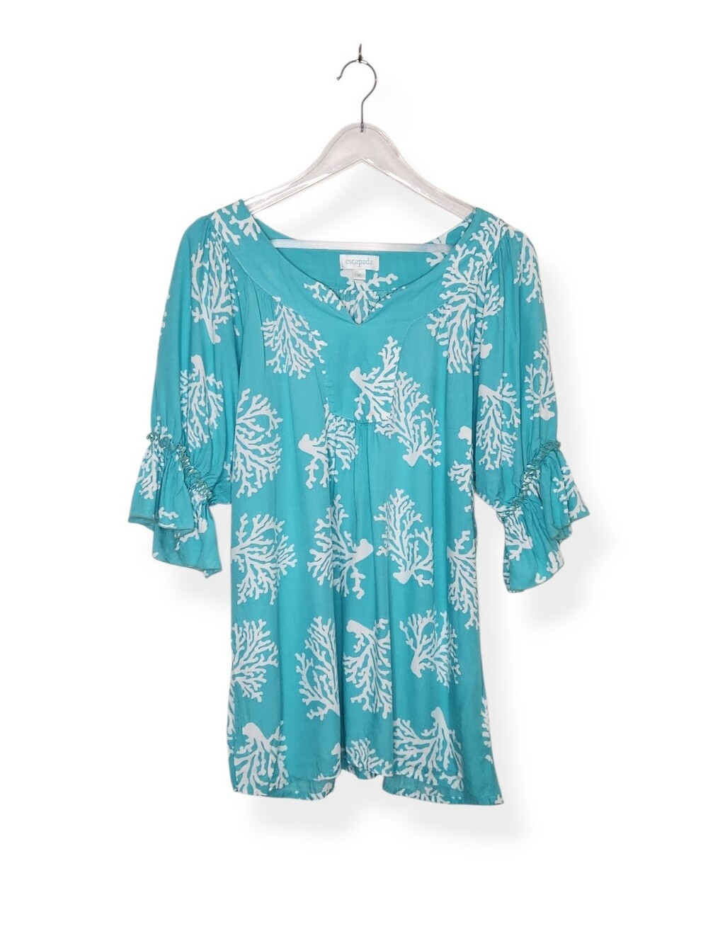 Escapada Aqua Blue White Coral Print Tunic Top Size Medium Shirt